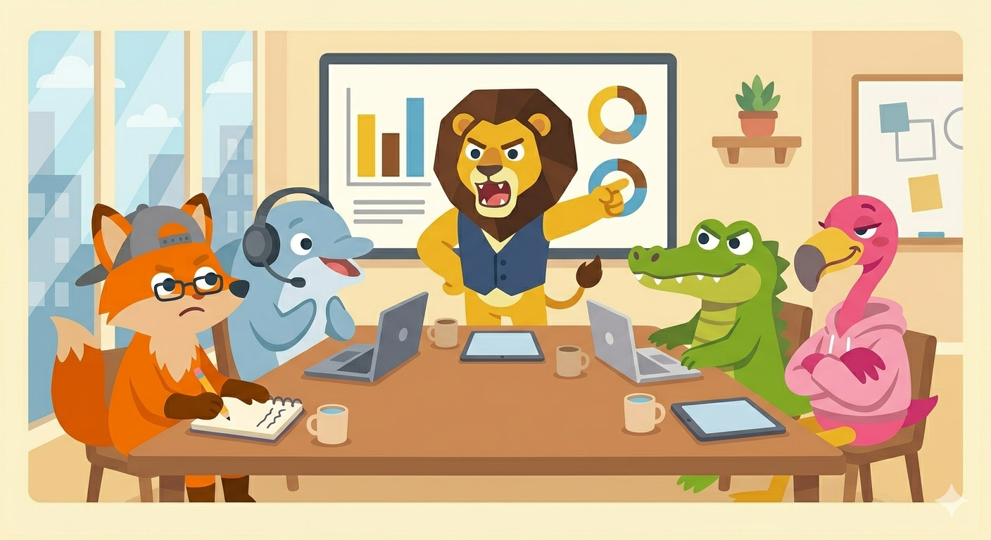 For Business - lion presenting in corporate meeting with animals