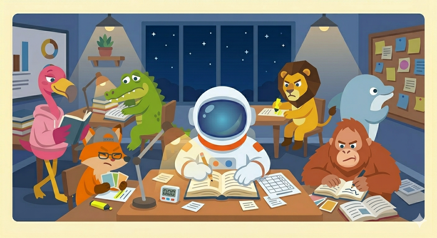 IELTS TOEFL prep - astronaut and animals studying intensely